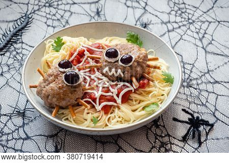 Cutlet Look Like A Spider With Spaghetti Pasta