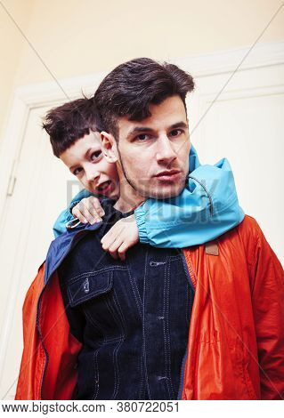Faher And Son Together Having Fun At Home, Lifestyle Happy Family, People At Home