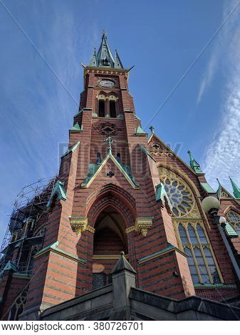 Gothenburg, Sweden - June 16 2019: The View Of Clock Tower Of Oscar Fredriks Church On June 16 2019 