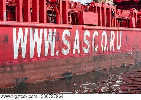 View Of Side Of Cargo Container Ship Sasco Angara With Inscription Internet Address Www.sasco.ru Rus
