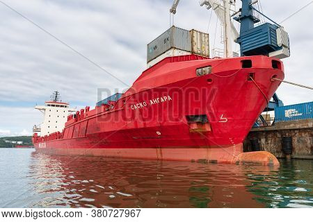 Portal Crane Unloads Russian Cargo Container Ship Sasco Angara Sakhalin Shipping Company At Pier Com