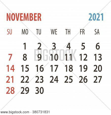 Calendar 2021. One Month Novrmber . Week Start Sunday Corporate Design Planner Template