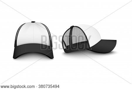 Trucker White Cap With Black Visor Mockup Realistic Vector Illustration Isolated.