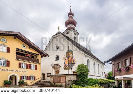 Lofer,austria - August 05,2020 - View At The Church In The Streets Of Lofer Town. Lofer Is Town In T
