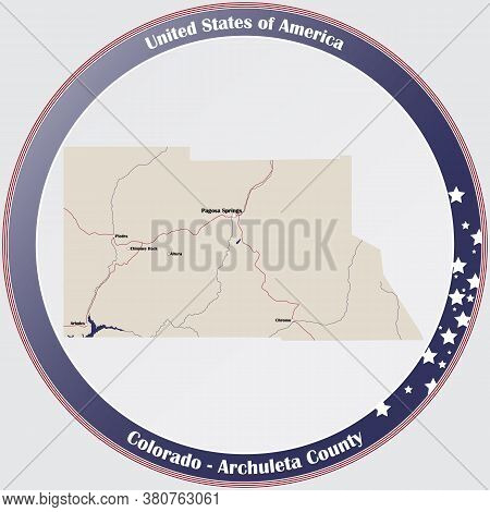 Round Button With Detailed Map Of Archuleta County In Colorado, Usa.