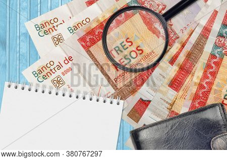3 Cuban Pesos Convertibles Bills And Magnifying Glass With Black Purse And Notepad. Concept Of Count