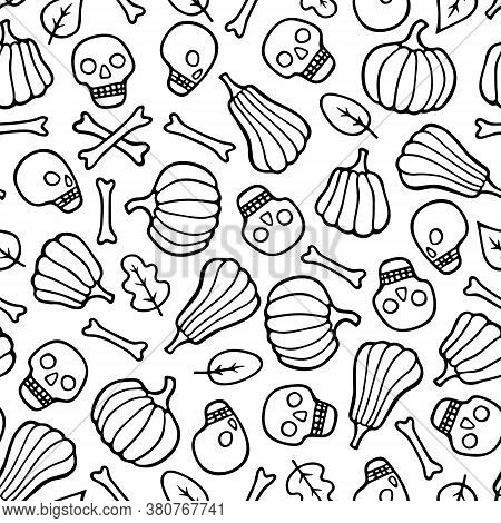 Halloween Seamless Pattern. Doodle Black Pumpkin Skull Bones. Hand Drawn Autumn Background For Wrapp
