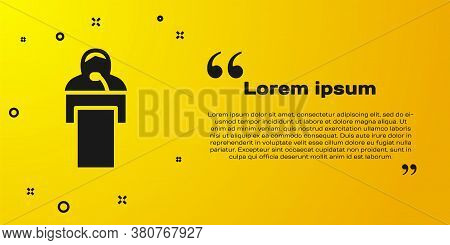 Black Gives Lecture Icon Isolated On Yellow Background. Stand Near Podium. Speak Into Microphone. Th