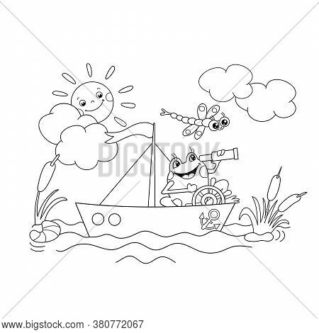 Coloring Page Outline Of A Jolly Frog Floating On A Boat