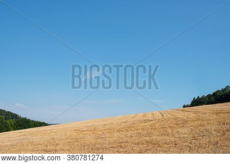 Harvested Wheatfield In Hilly Landscape Against Clear Blue Summer Sky