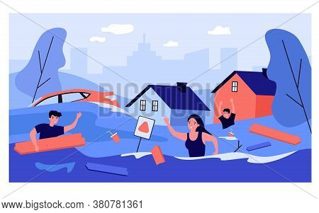 Scared People In Flooded Suburb Street. Houses, Cars, Rubbish Floating On Water. Vector Illustration