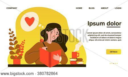 Teenage Girl Writing Diary Or Journal. Happy Young Woman Reading Book And Taking Notes With Pencil. 