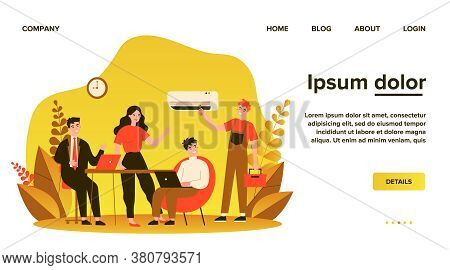 Technician Visiting Office For Air Conditioner Repair. Office Workers, Overall, Tool Box Flat Vector