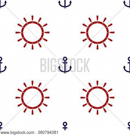 Red Ship Steering Wheel And Blue Anchor Icon Isolated Seamless Pattern On White Background. Vector