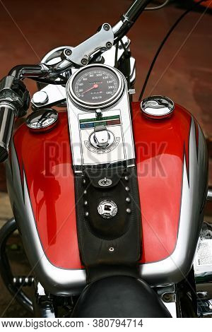West Java Indonesia - October 27, 2007: Close Up Harley Davidson's Fuel Tank, Handlebar, Speedometer