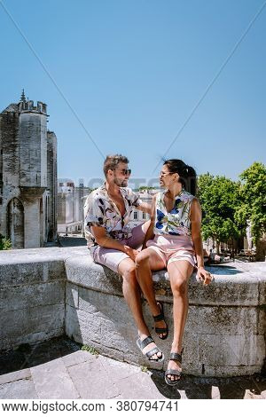 Couple City Trip Avignon Southern France, Ancient Popes Palace, Saint-benezet, Avignon, Provence, Fr
