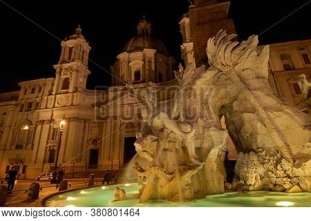 Rome, Italy - November 20: Night View Of The Famous Piazza Navona Square In Rome With The Wonderful 