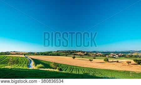Beautiful Sunrise In The Countryside Of Marche In A Summer Morning