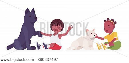 Toddler Children, Black Little Boy And Girl Play With Dog Friend, Cat Pet. Cute Sweet Happy Healthy 