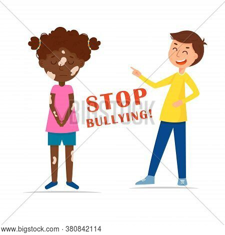 Bad Boy Laughing At The Girl With Vitiligo. Stop Bullying. Vector Illustration