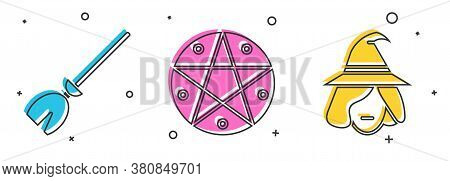 Set Witches Broom, Pentagram In A Circle And Witch Icon. Vector