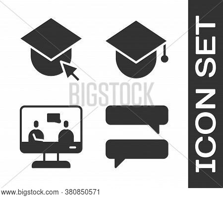 Set Speech Bubble Chat, Graduation Cap On Globe, Online Education And Graduation Cap On Globe Icon. 