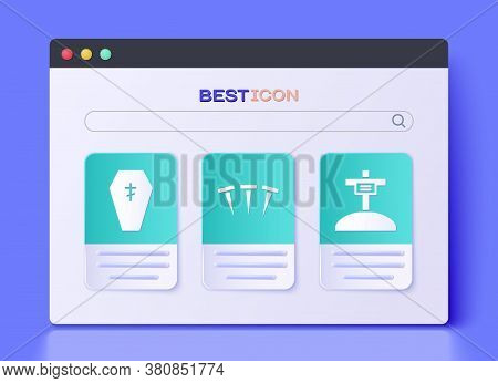 Set Metallic Nails, Coffin With Cross And Grave With Cross Icon. Vector