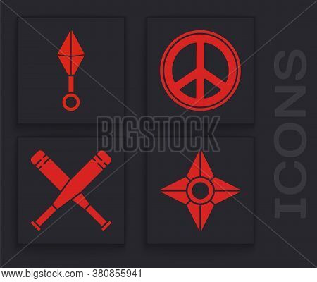Set Japanese Ninja Shuriken, Japanese Ninja Shuriken, Peace And Crossed Baseball Bat Icon. Vector