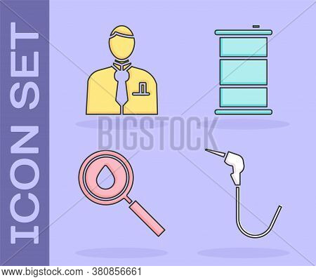 Set Gasoline Pump Nozzle, Businessman Or Stock Market Trader, Oil Drop And Barrel Oil Icon. Vector