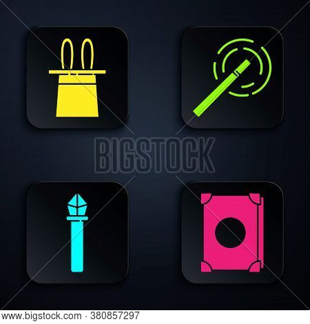 Set Ancient Magic Book, Magician Hat And Rabbit Ears, Magic Staff And Magic Wand. Black Square Butto