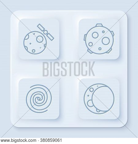 Set Line Satellites Orbiting The Planet Earth, Ufo Abducts Cow, Black Hole And Moon. White Square Bu