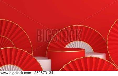 Happy Mid Autumn Festival Or Chinese New Year Podium Display Mockup Background With Hand Paper Fan, 