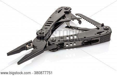 Close-up View Of Lying Edc Folding Knife With Open Tools Isolated On White Background