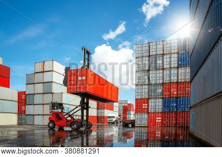 Crane Car Move And Carry Container Box From Container Stack Loading To Truck In Container Box Deposi