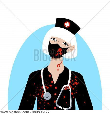 Cute Blonde Young Woman In Bloody Nurse Halloween Party Costume. Hat With A Cross Stethoscope Robe A