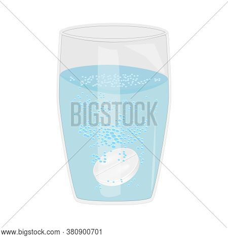 Effervescent Aspirin Tablets Dissolve In A Glass Of Water Isolated On White Background. Soluble Pill