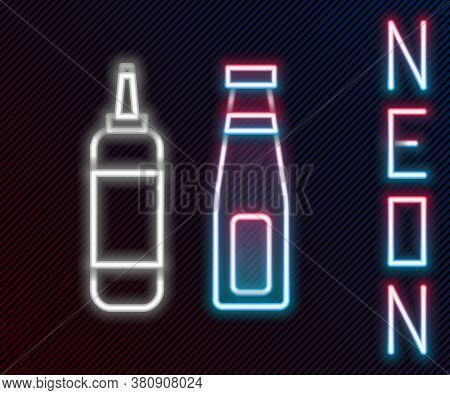 Glowing Neon Line Sauce Bottle Icon Isolated On Black Background. Ketchup, Mustard And Mayonnaise Bo