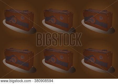 3d. Drawing In Brown, Gray And Beige Colors. Photo Camera. Hand Drawn Sketch In Raster Illustration.
