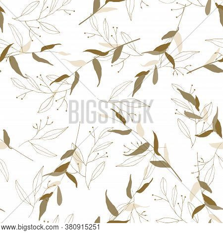 Abstract Green Leave Or Khaki Foliage On White Background. Hand Drawn Elements Brances In Natural Su