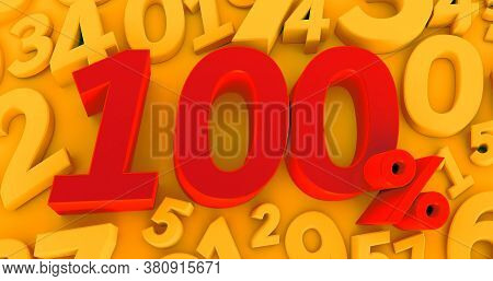 3d Rendering Of A One Hundered Percent Symbol On Yellow Numbers Background.