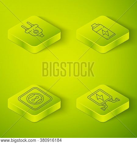 Set Isometric Battery, Electrical Outlet, Electric Transformer And Electric Plug Icon. Vector