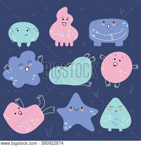 Hand-drawn Multicolored Doodles-monsters.cute Funny Emotions. Vector Set Out Of 9 Of Fun Abstract Mo