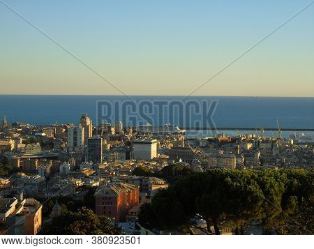Genoa, Italy - August 2020: Aerial View Of Shipping And Container Terminal, Stacked Containers And L