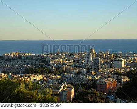 Genoa, Italy - August 2020: Aerial View Of Shipping And Container Terminal, Stacked Containers And L