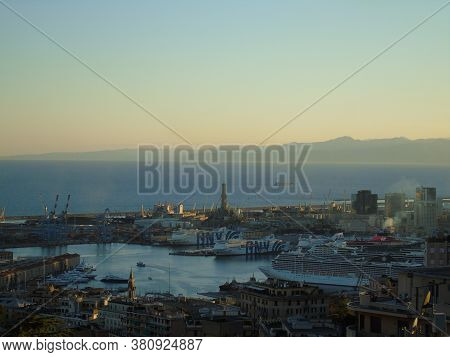 Genoa, Italy - August 2020: Aerial View Of Shipping And Container Terminal, Stacked Containers And L