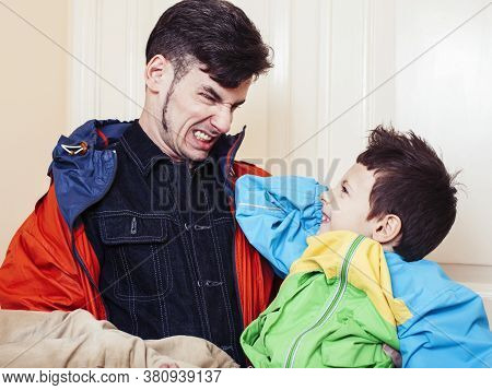 Faher And Son Together Having Fun At Home, Lifestyle Happy Family, People At Home
