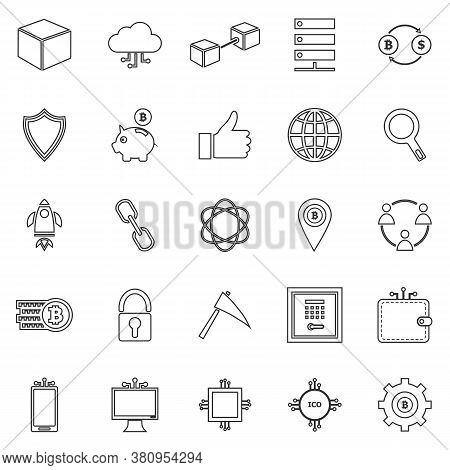 Blockchain Line Icons On White Background, Stock Vector