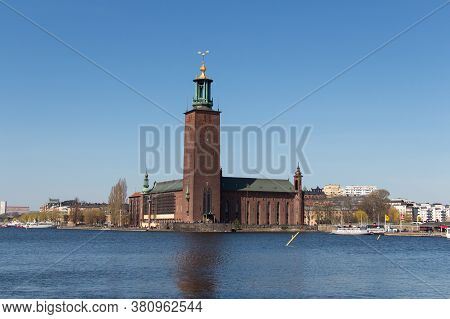 Stockholm, Sweden - April 21 2019: The View City Hall Or Stadshuset Seeing From Riddarholmen On Apri