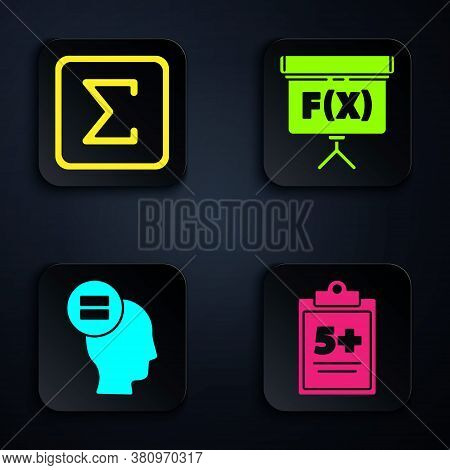 Set Test Or Exam Sheet, Sigma Symbol, Calculation And Chalkboard. Black Square Button. Vector