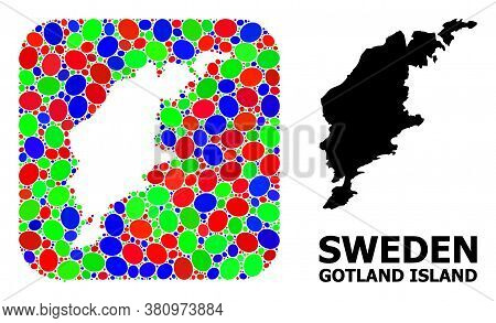 Vector Mosaic And Solid Map Of Gotland Island. Bright Geographic Map Constructed As Stencil From Rou